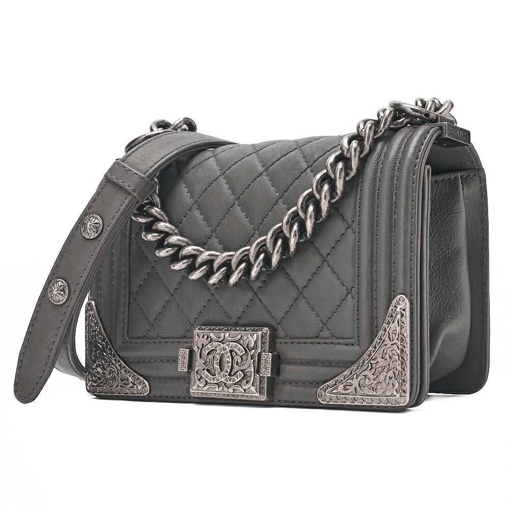 CHANEL Calfskin Matelasse Boy Chanel 20 Chain Shoulder Gray Silver-Tone Hardware, Pre-Owned