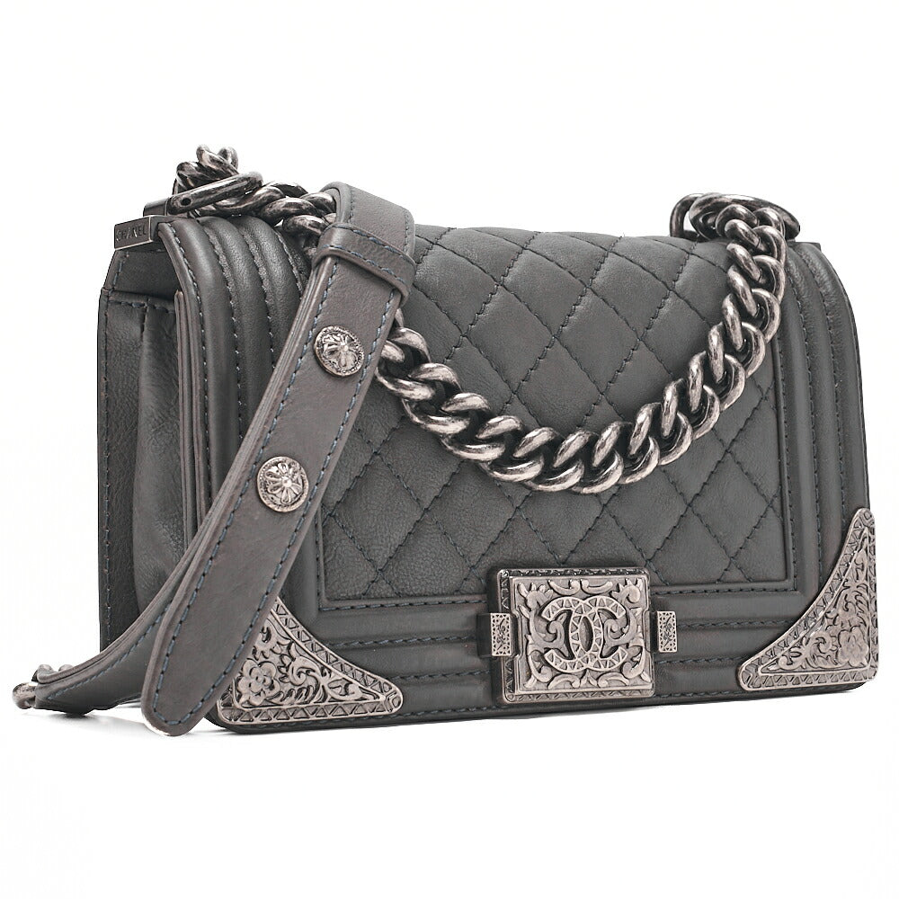 CHANEL Calfskin Matelasse Boy Chanel 20 Chain Shoulder Gray Silver-Tone Hardware, Pre-Owned