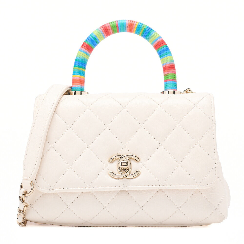 CHANEL Shoulder Bag Matelasse Coco Handle Le XXS Calfskin 2WAY Handbag White x Rainbow Color Gold -Tone Hardware, Pre-Owned