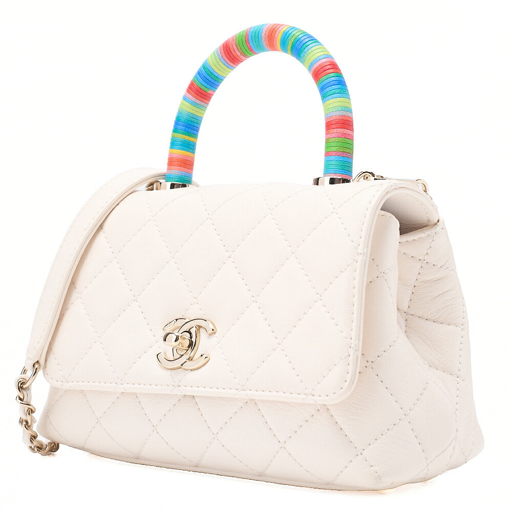 CHANEL Shoulder Bag Matelasse Coco Handle Le XXS Calfskin 2WAY Handbag White x Rainbow Color Gold -Tone Hardware, Pre-Owned