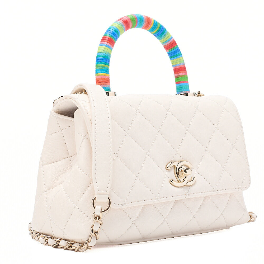 CHANEL Shoulder Bag Matelasse Coco Handle Le XXS Calfskin 2WAY Handbag White x Rainbow Color Gold -Tone Hardware, Pre-Owned