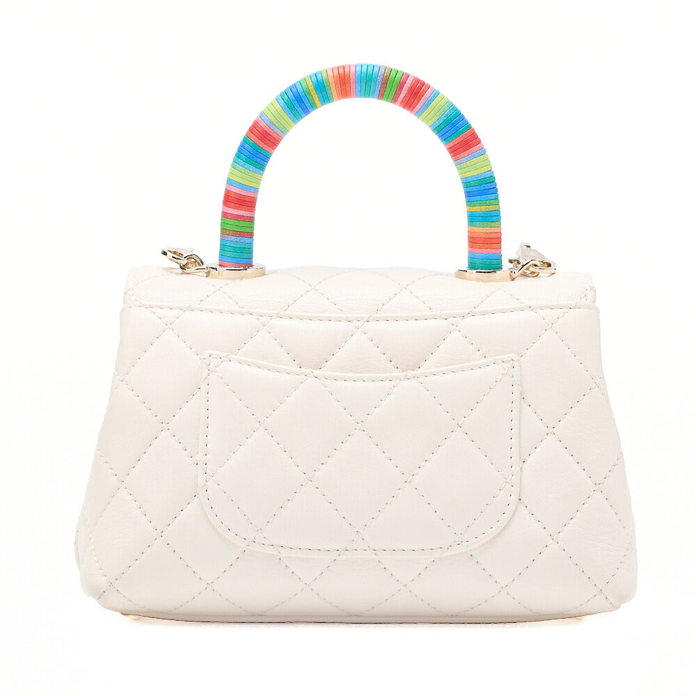CHANEL Shoulder Bag Matelasse Coco Handle Le XXS Calfskin 2WAY Handbag White x Rainbow Color Gold -Tone Hardware, Pre-Owned