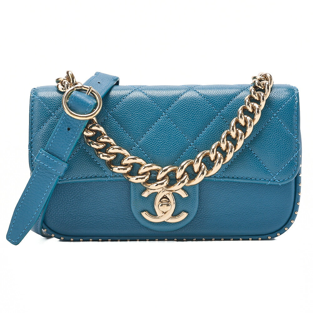 CHANEL Caviar Skin Matelasse Turnlock 2-way Chain Shoulder Deal Green Gold-Tone Hardware, Pre-Owned