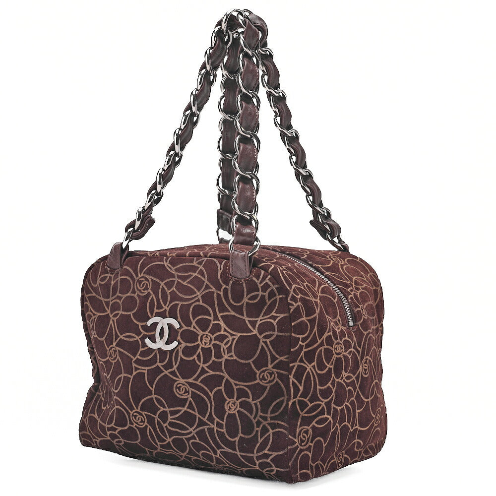 CHANEL Suede Camellia Line Cocomark Chain Tote Bag Brown Silver-Tone Hardware, Pre-Owned