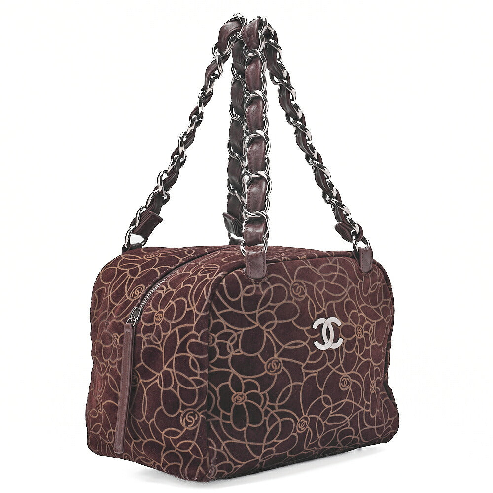 CHANEL Suede Camellia Line Cocomark Chain Tote Bag Brown Silver-Tone Hardware, Pre-Owned