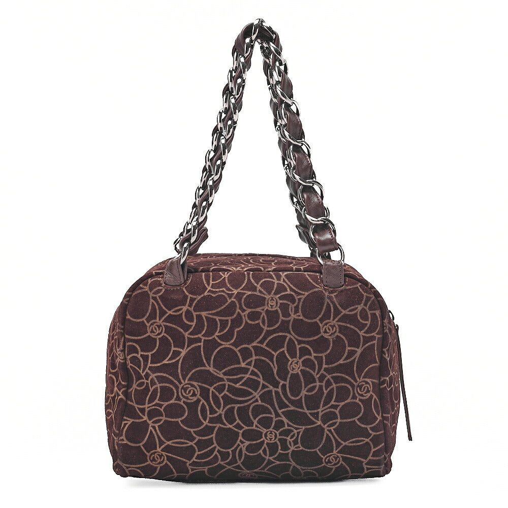 CHANEL Suede Camellia Line Cocomark Chain Tote Bag Brown Silver-Tone Hardware, Pre-Owned