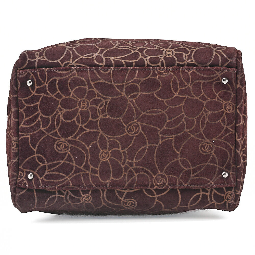 CHANEL Suede Camellia Line Cocomark Chain Tote Bag Brown Silver-Tone Hardware, Pre-Owned