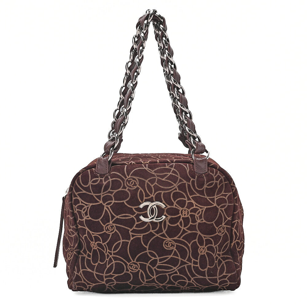 CHANEL Suede Camellia Line Cocomark Chain Tote Bag Brown Silver-Tone Hardware, Pre-Owned