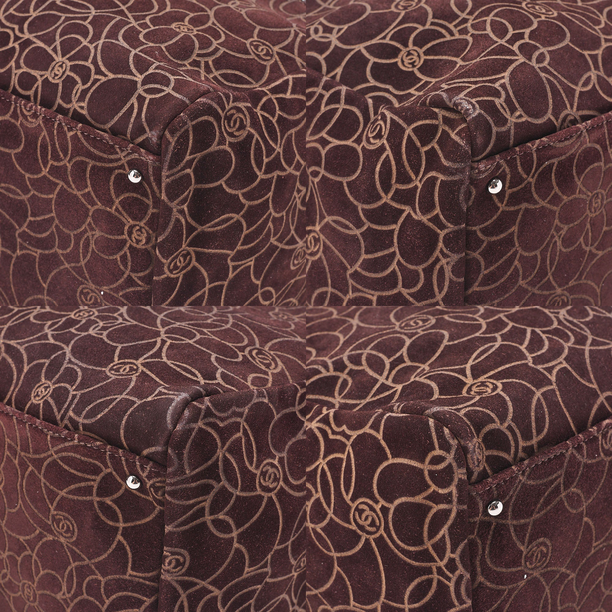 CHANEL Suede Camellia Line Cocomark Chain Tote Bag Brown Silver-Tone Hardware, Pre-Owned