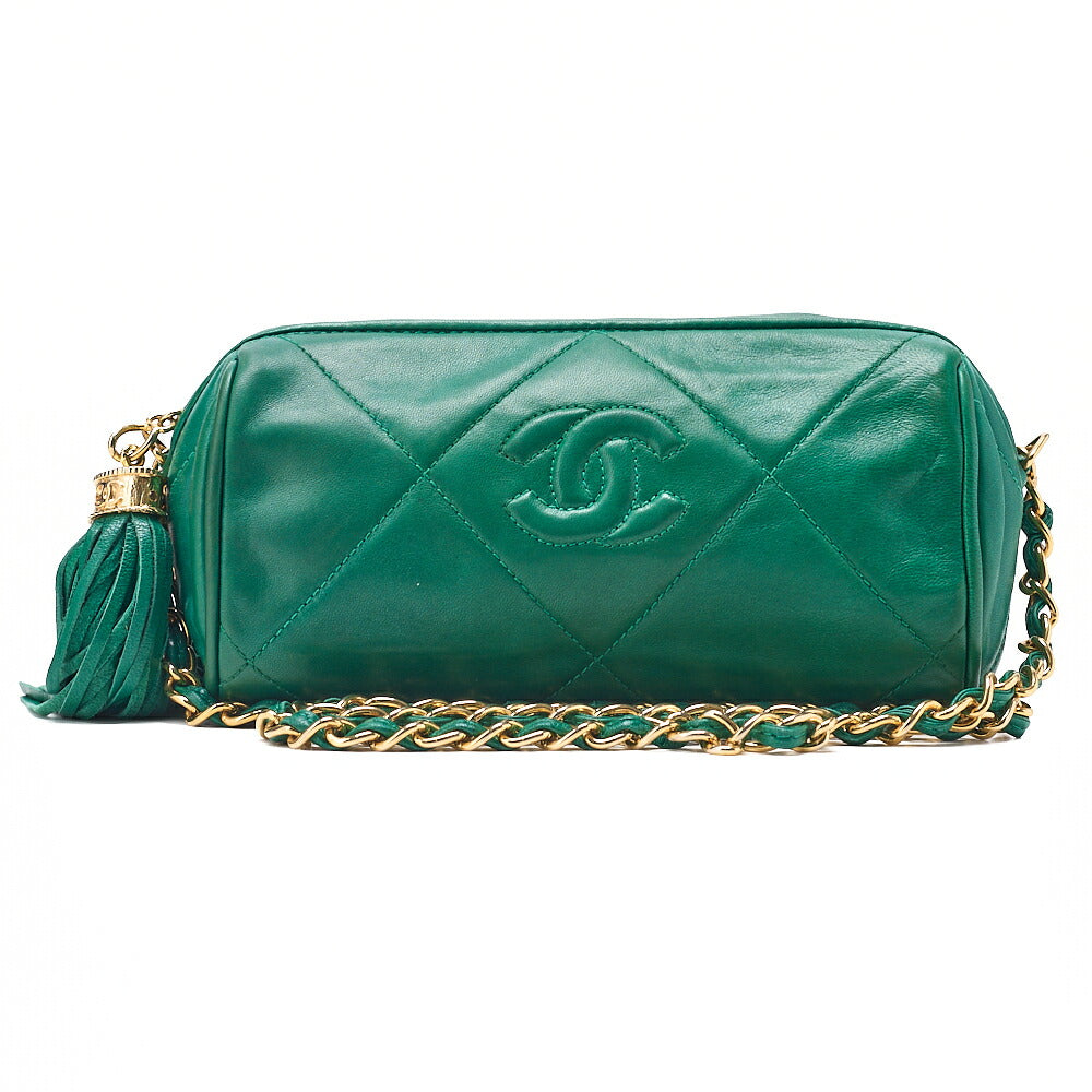 CHANEL Lambskin Matelasse Coco Mark with Fringe Chain Shoulder Green Gold-Tone Hardware, Pre-Owned