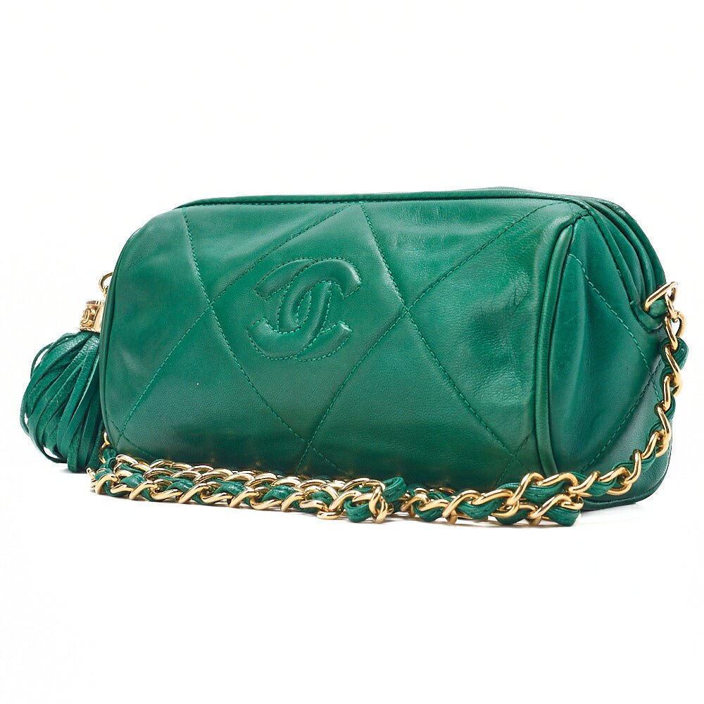 CHANEL Lambskin Matelasse Coco Mark with Fringe Chain Shoulder Green Gold-Tone Hardware, Pre-Owned