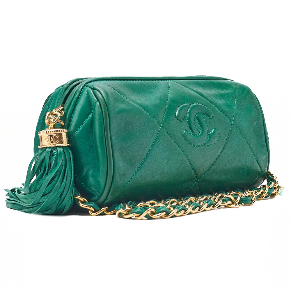 CHANEL Lambskin Matelasse Coco Mark with Fringe Chain Shoulder Green Gold-Tone Hardware, Pre-Owned