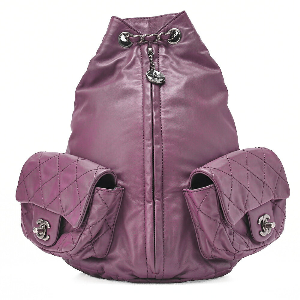 CHANEL Lambskin Matelasse W Turnlock Chain Backpack Purple Silver-Tone Hardware, Pre-Owned