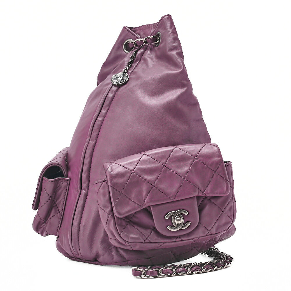 CHANEL Lambskin Matelasse W Turnlock Chain Backpack Purple Silver-Tone Hardware, Pre-Owned