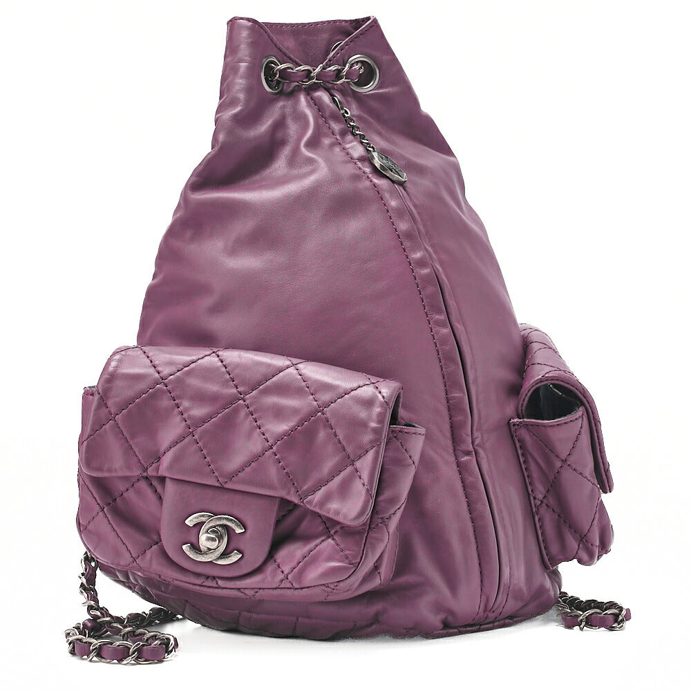 CHANEL Lambskin Matelasse W Turnlock Chain Backpack Purple Silver-Tone Hardware, Pre-Owned