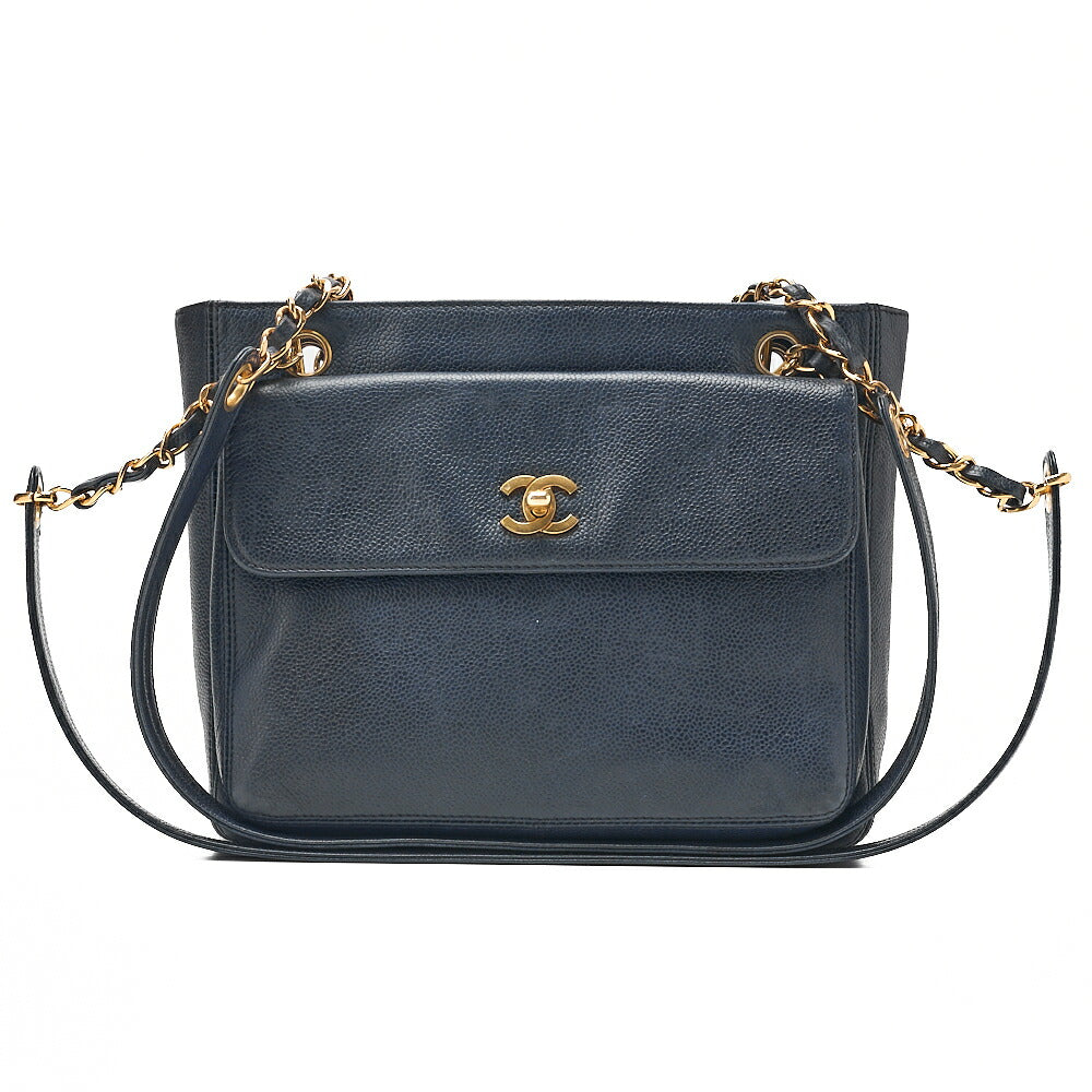 CHANEL Caviar Skin Turnlock Outside Flap W Chain Shoulder Navy Gold-Tone Hardware, Pre-Owned