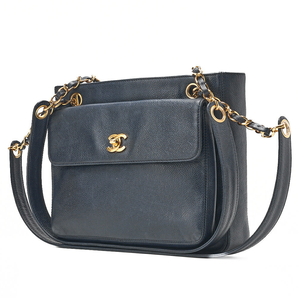 CHANEL Caviar Skin Turnlock Outside Flap W Chain Shoulder Navy Gold-Tone Hardware, Pre-Owned