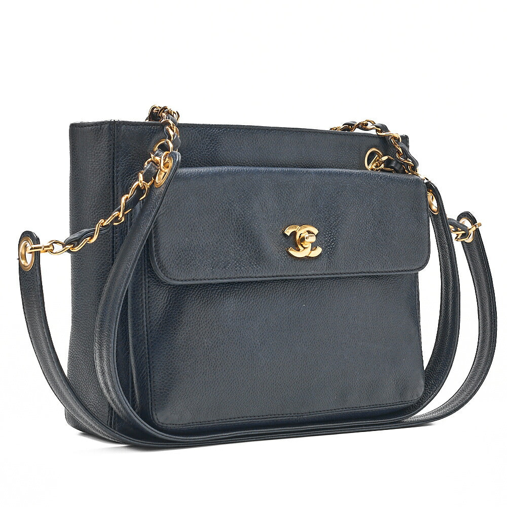 CHANEL Caviar Skin Turnlock Outside Flap W Chain Shoulder Navy Gold-Tone Hardware, Pre-Owned