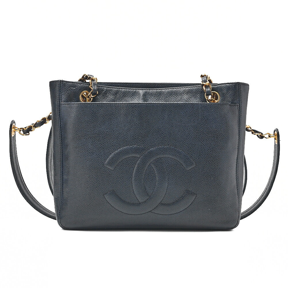 CHANEL Caviar Skin Turnlock Outside Flap W Chain Shoulder Navy Gold-Tone Hardware, Pre-Owned