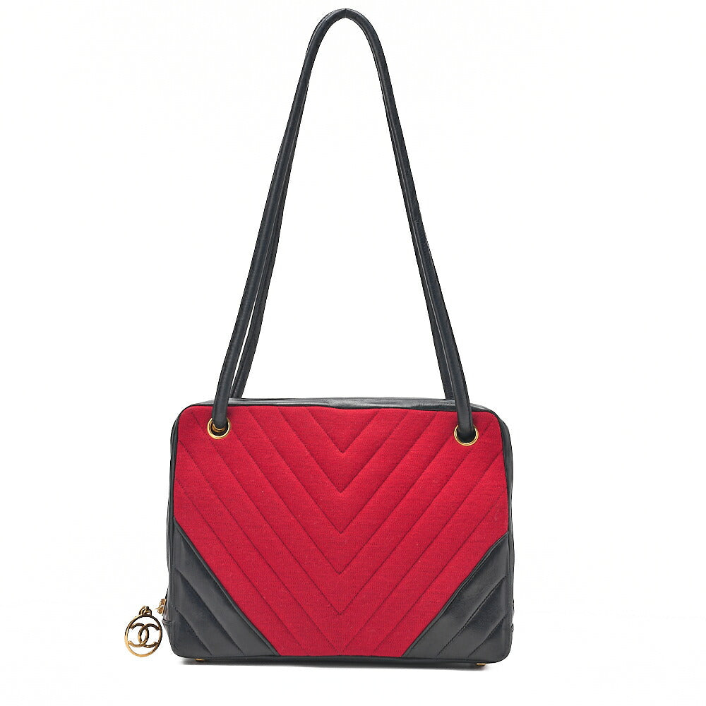 CHANEL Jersey x Lambskin V-Stitch Circle Charm Shoulder Bag Red x Navy Gold-Tone Hardware, Pre-Owned