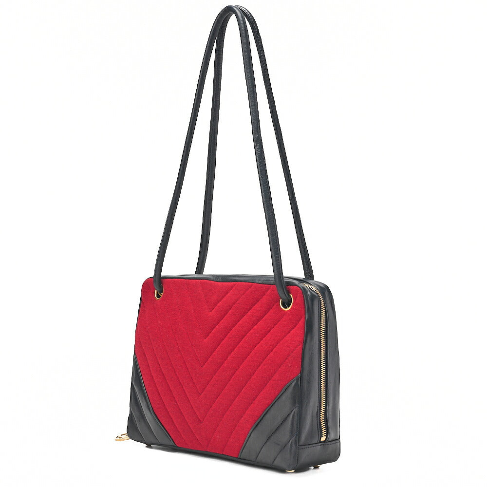 CHANEL Jersey x Lambskin V-Stitch Circle Charm Shoulder Bag Red x Navy Gold-Tone Hardware, Pre-Owned