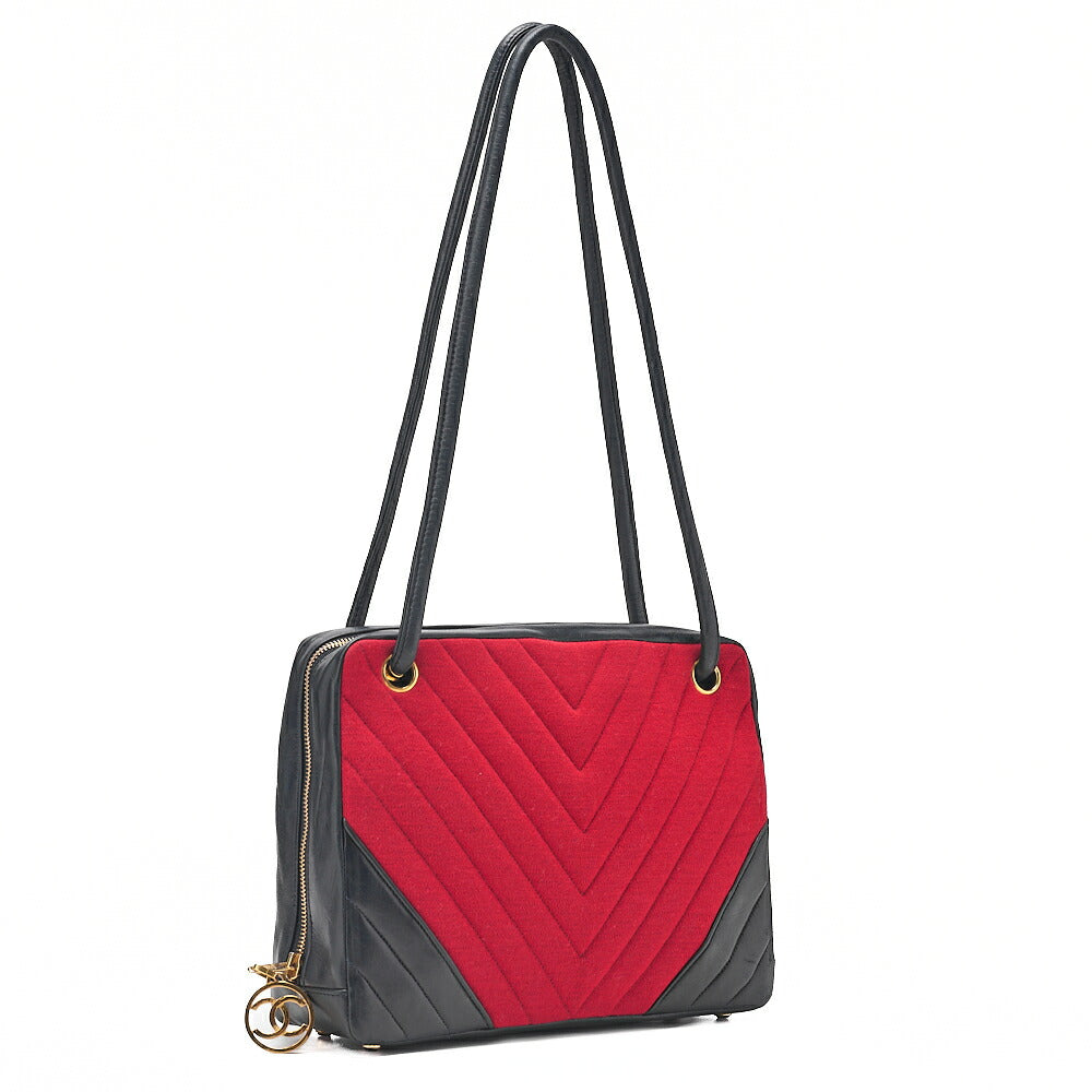 CHANEL Jersey x Lambskin V-Stitch Circle Charm Shoulder Bag Red x Navy Gold-Tone Hardware, Pre-Owned