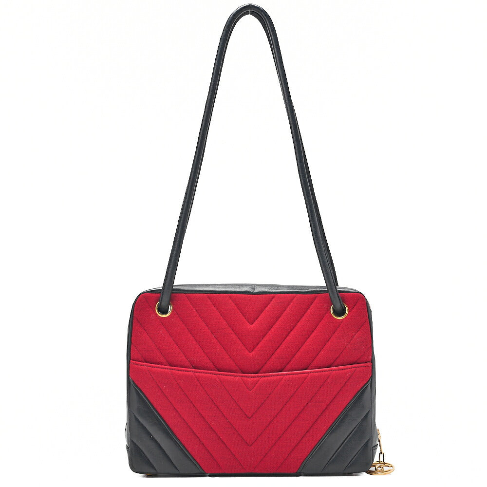 CHANEL Jersey x Lambskin V-Stitch Circle Charm Shoulder Bag Red x Navy Gold-Tone Hardware, Pre-Owned