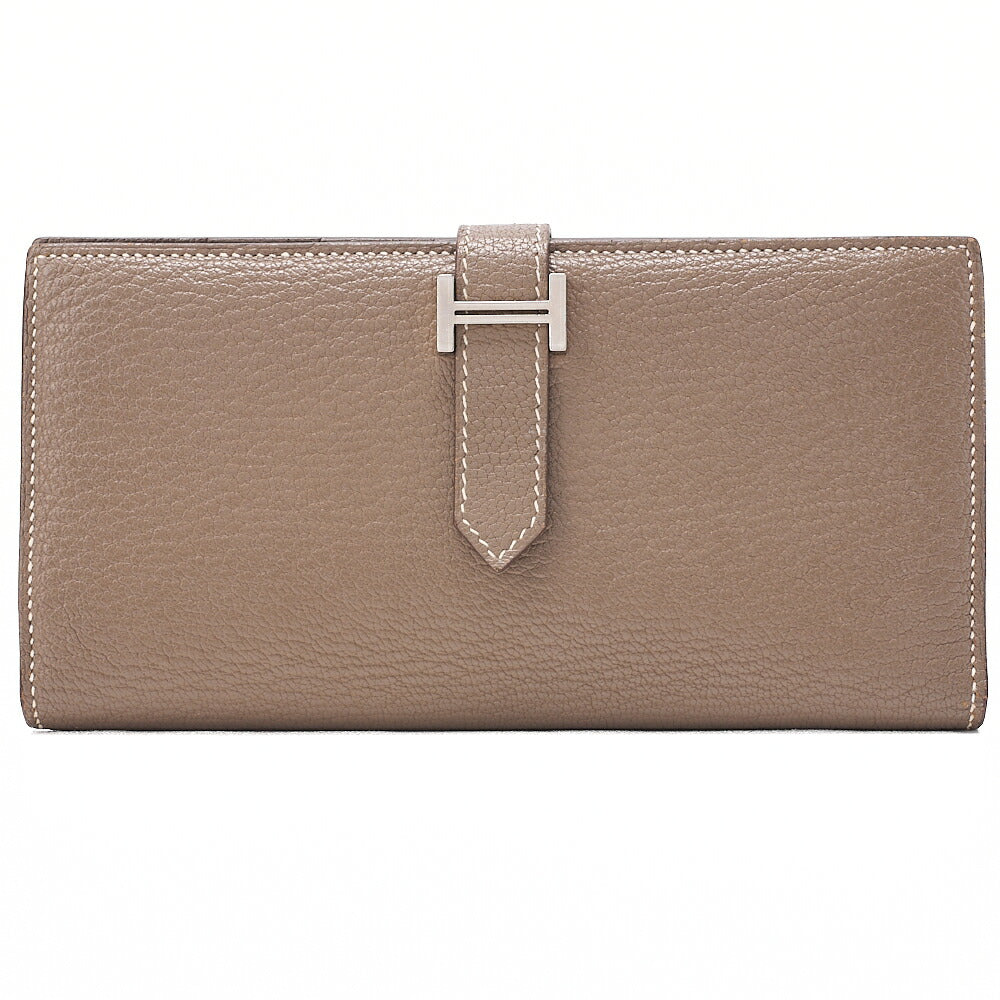 HERMES Herm?s Bearnsufer Chevre Bi-fold Long Wallet ETOUPE Silver-Tone Hardware, Pre-Owned