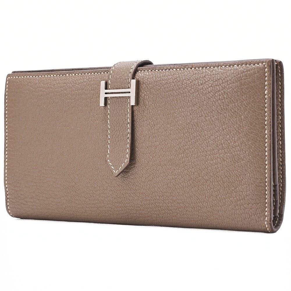HERMES Herm?s Bearnsufer Chevre Bi-fold Long Wallet ETOUPE Silver-Tone Hardware, Pre-Owned