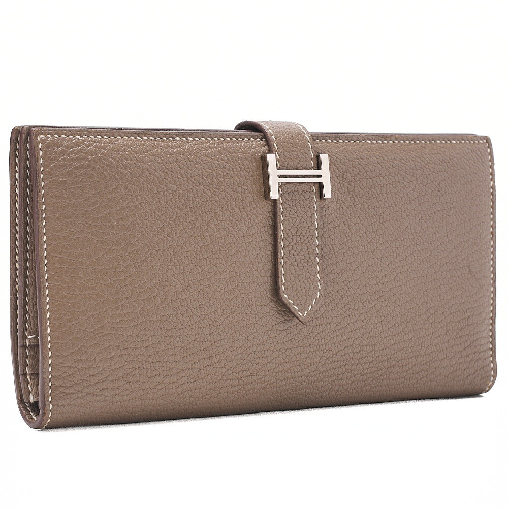 HERMES Herm?s Bearnsufer Chevre Bi-fold Long Wallet ETOUPE Silver-Tone Hardware, Pre-Owned