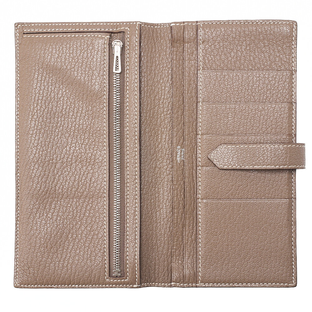 HERMES Herm?s Bearnsufer Chevre Bi-fold Long Wallet ETOUPE Silver-Tone Hardware, Pre-Owned
