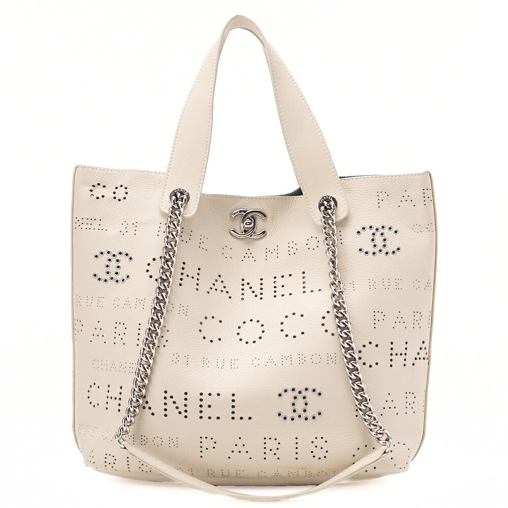 CHANEL Punched Coco Mark 2-Way Chain Tote Bag Calfskin Ivory Silver-Tone Hardware, Pre-Owned