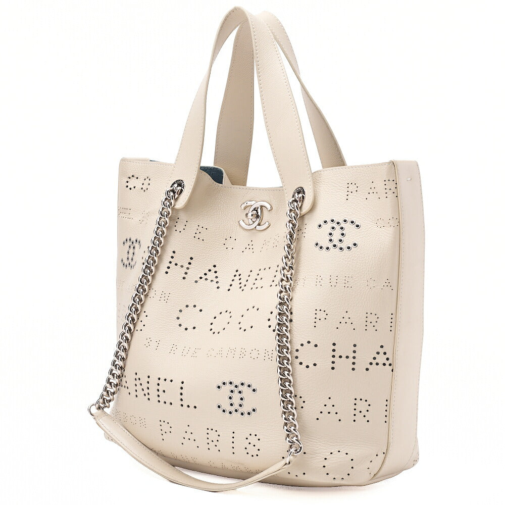 CHANEL Punched Coco Mark 2-Way Chain Tote Bag Calfskin Ivory Silver-Tone Hardware, Pre-Owned