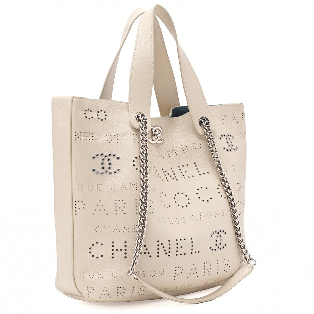 CHANEL Punched Coco Mark 2-Way Chain Tote Bag Calfskin Ivory Silver-Tone Hardware, Pre-Owned