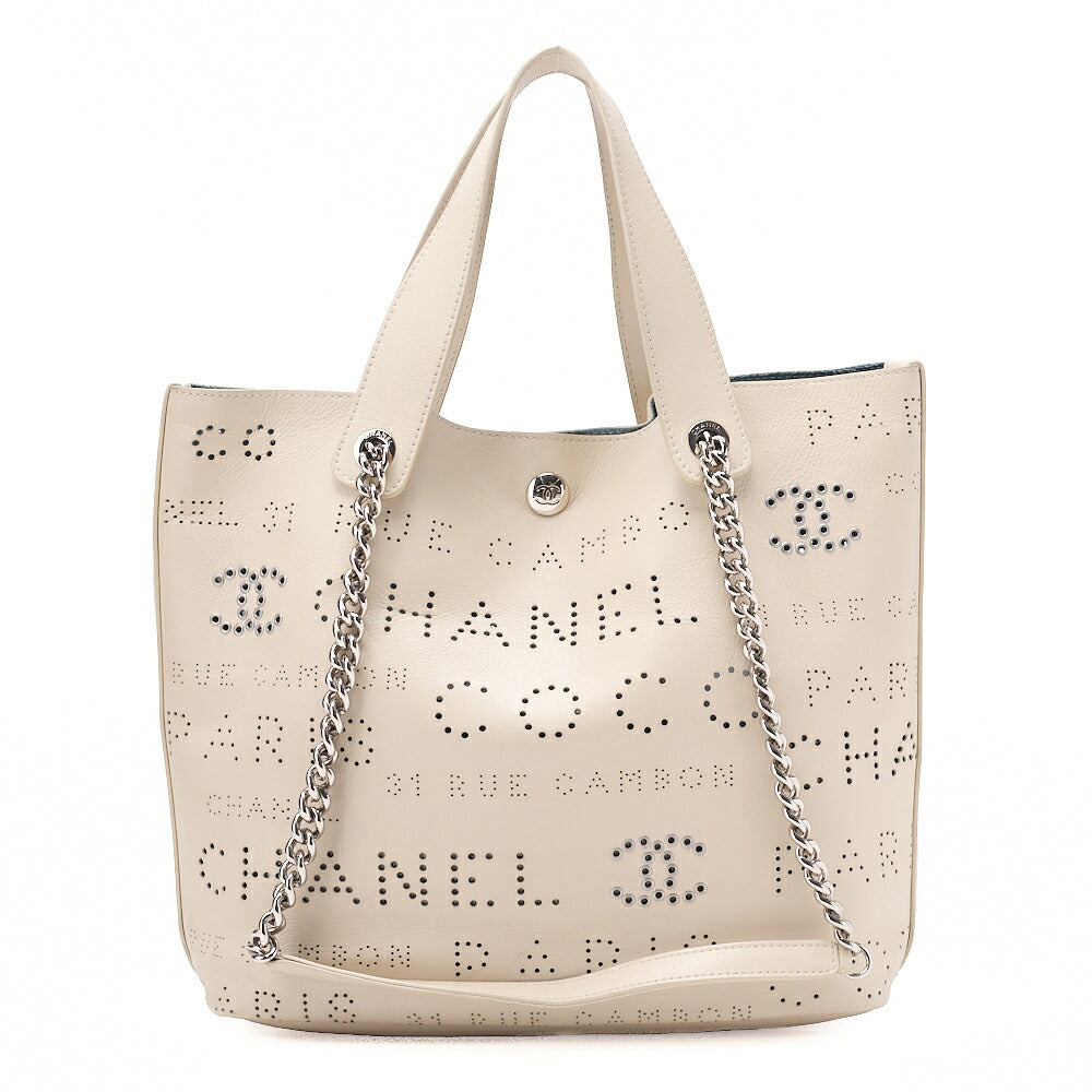 CHANEL Punched Coco Mark 2-Way Chain Tote Bag Calfskin Ivory Silver-Tone Hardware, Pre-Owned