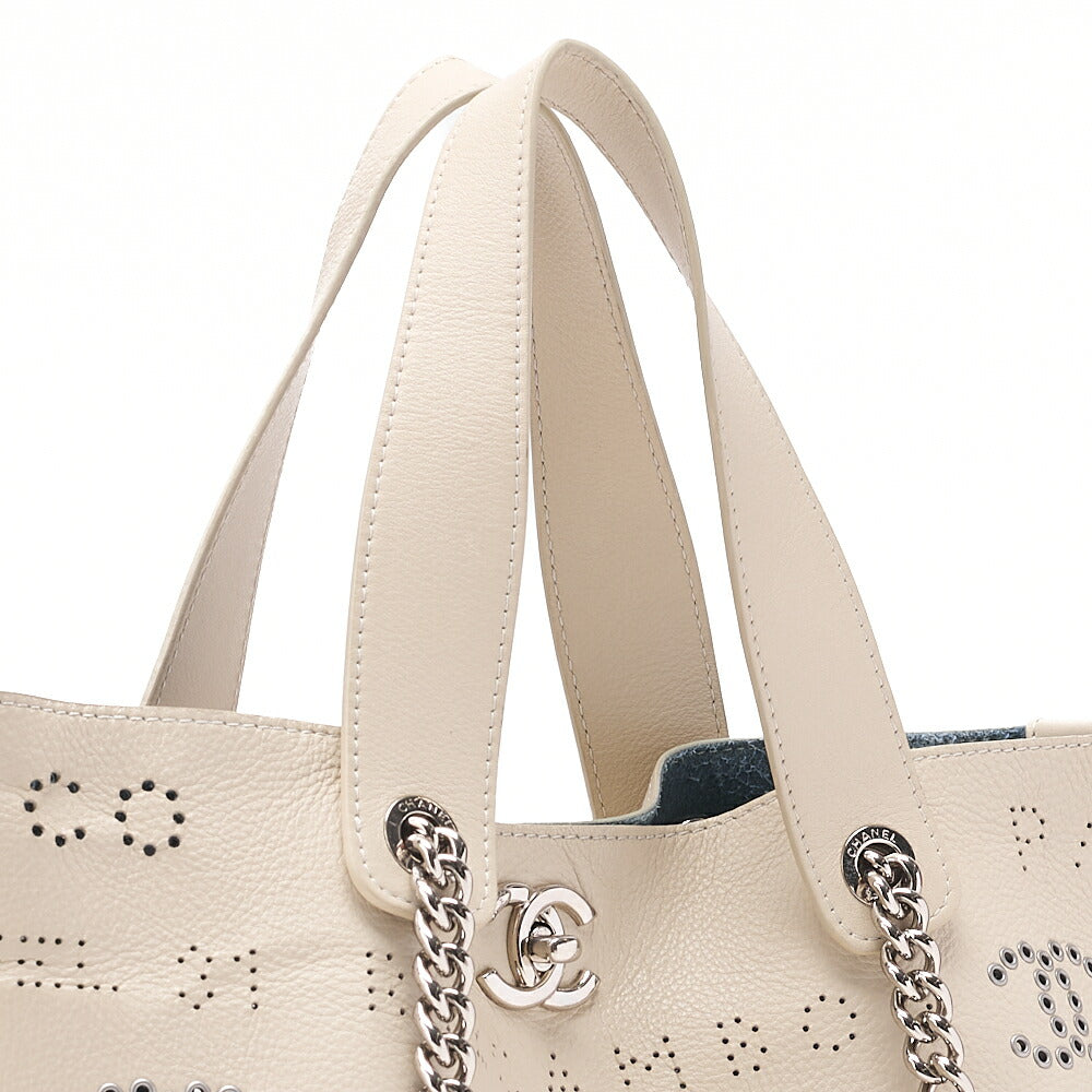 CHANEL Punched Coco Mark 2-Way Chain Tote Bag Calfskin Ivory Silver-Tone Hardware, Pre-Owned