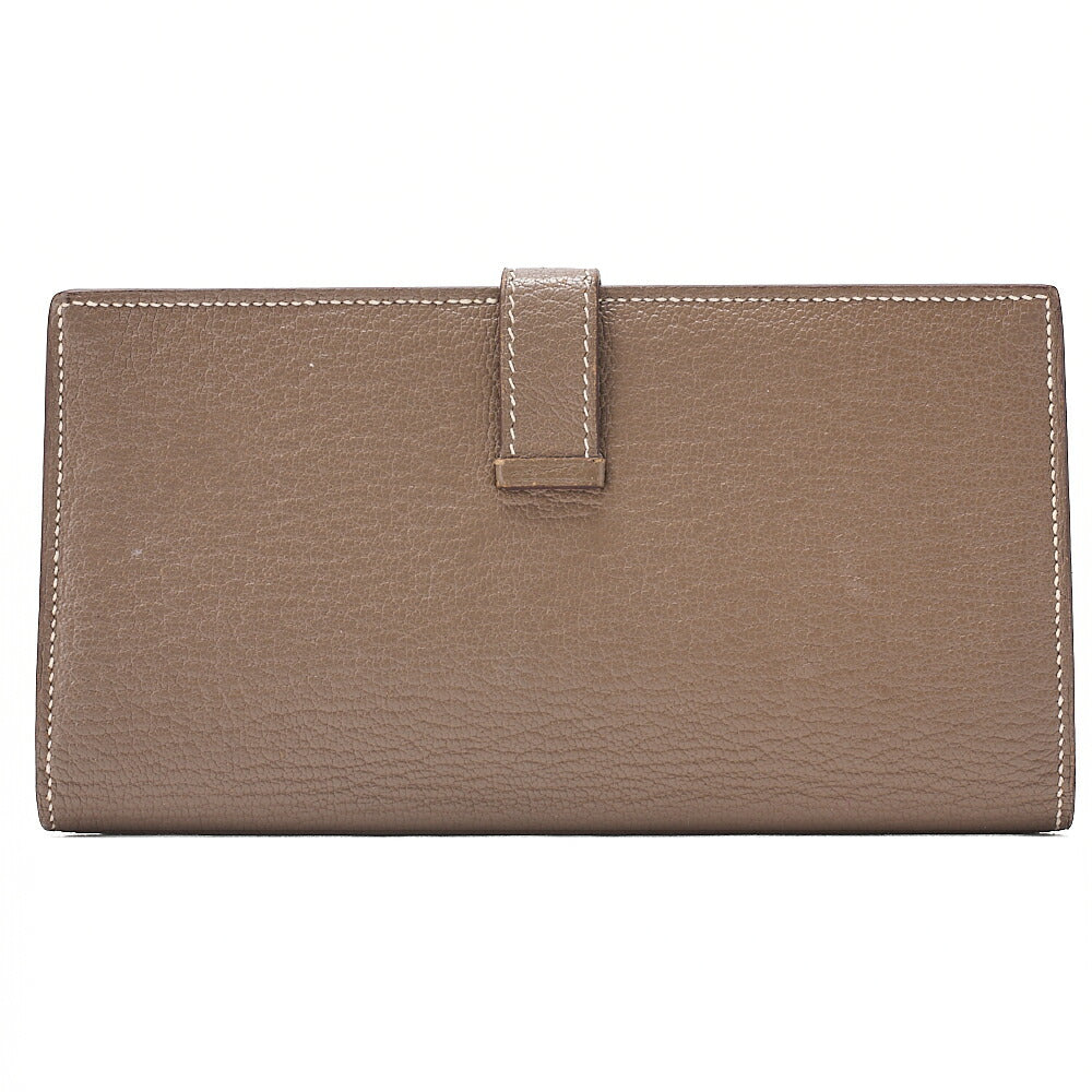 HERMES Herm?s Bearnsufer Chevre Bi-fold Long Wallet ETOUPE Silver-Tone Hardware, Pre-Owned