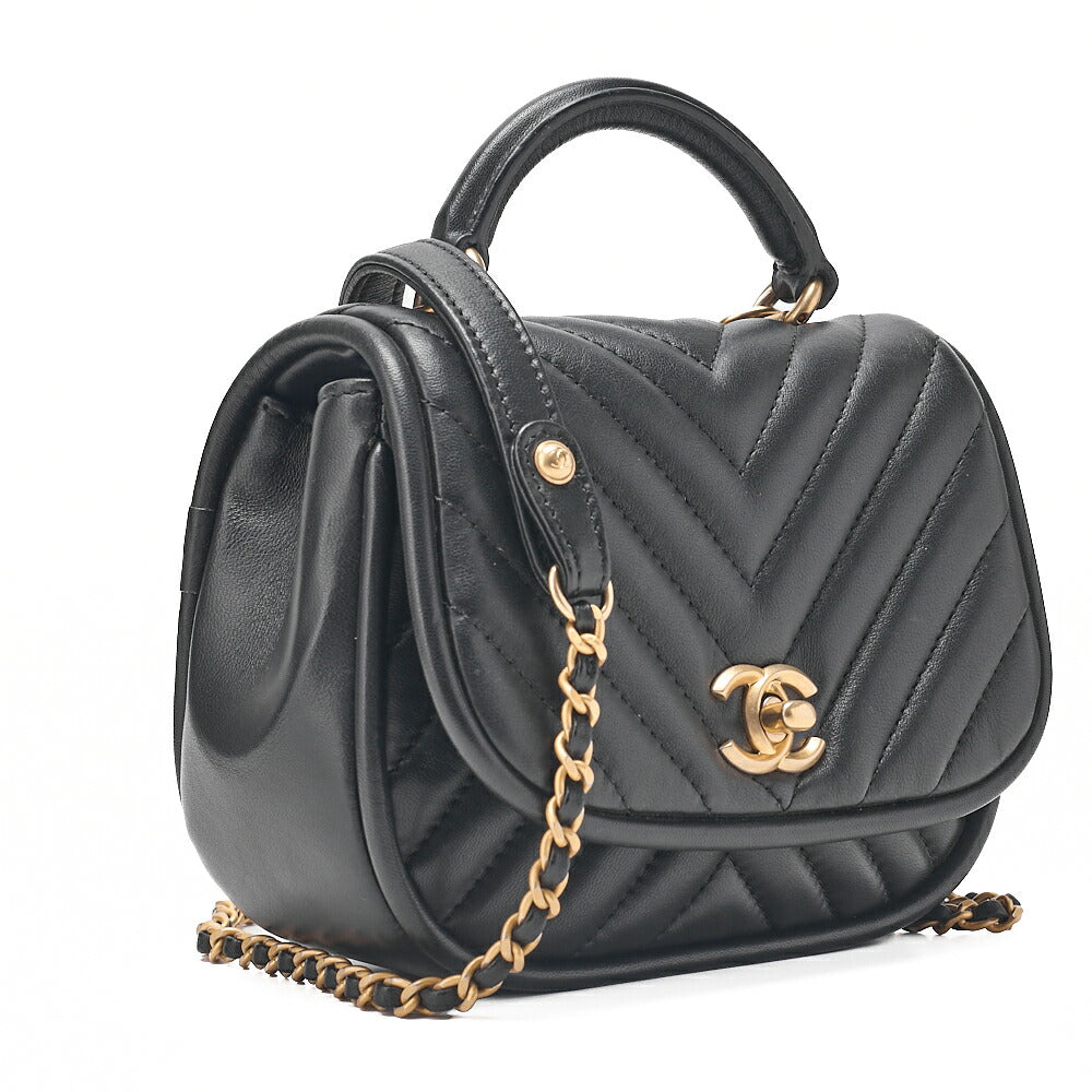 CHANEL Matelasse 2WAY Chevron Chain Shoulder Handbag Lambskin Black Gold -Tone Hardware, Pre-Owned