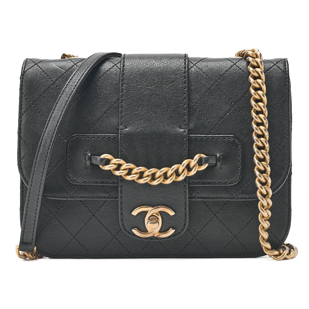 CHANEL Calfskin Matelasse Single Turn Lock Chain Shoulder Black Gold-Tone Hardware, Pre-Owned