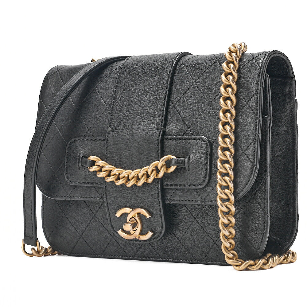 CHANEL Calfskin Matelasse Single Turn Lock Chain Shoulder Black Gold-Tone Hardware, Pre-Owned