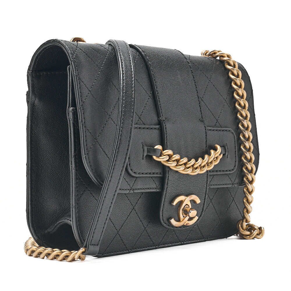 CHANEL Calfskin Matelasse Single Turn Lock Chain Shoulder Black Gold-Tone Hardware, Pre-Owned