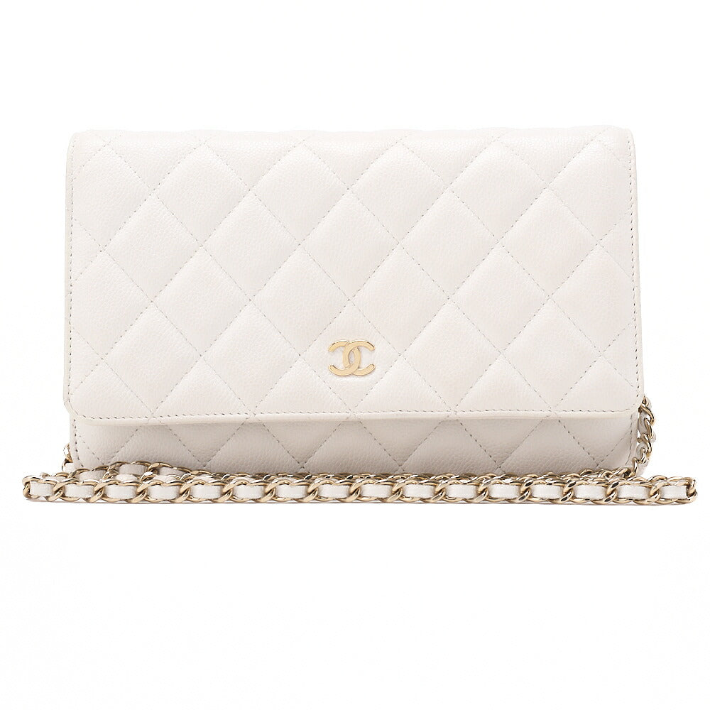 CHANEL Chanel Matelasse Chain Wallet Caviar Skin White Gold-Tone Hardware, Pre-Owned