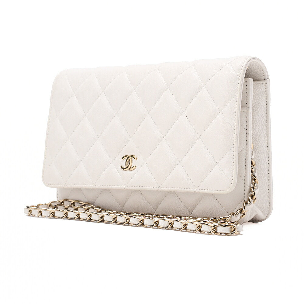 CHANEL Chanel Matelasse Chain Wallet Caviar Skin White Gold-Tone Hardware, Pre-Owned