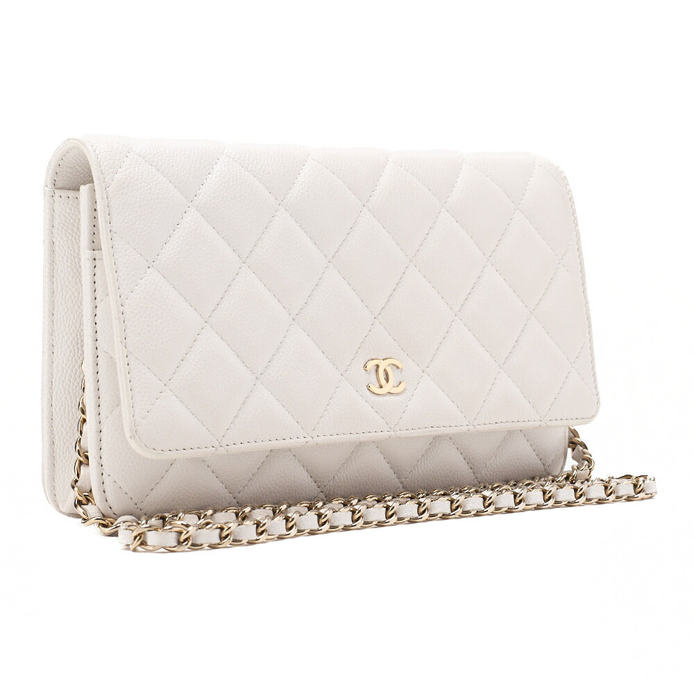 CHANEL Chanel Matelasse Chain Wallet Caviar Skin White Gold-Tone Hardware, Pre-Owned