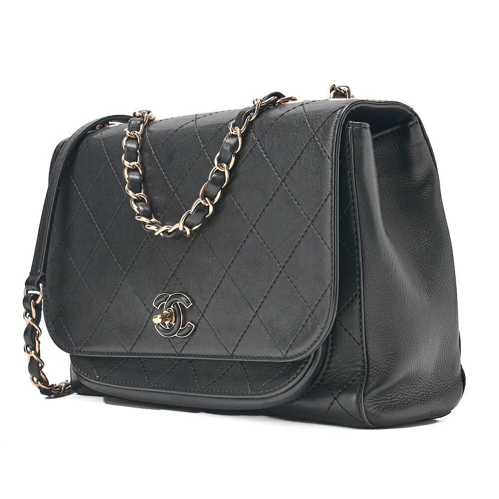 CHANEL Vintage Calf Matelasse Chain Shoulder Black Gold-Tone Hardware, Pre-Owned