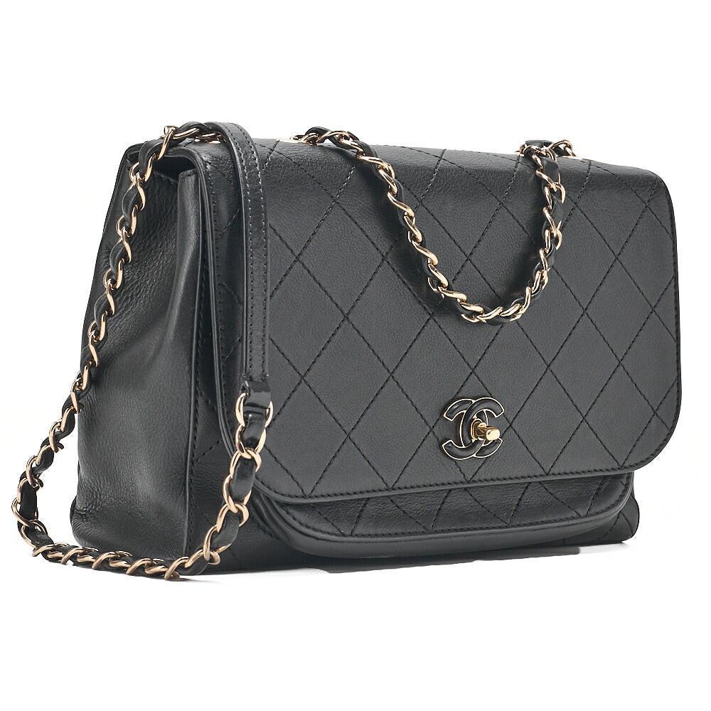CHANEL Vintage Calf Matelasse Chain Shoulder Black Gold-Tone Hardware, Pre-Owned