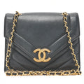CHANEL Calfskin V-Stitch Chevron Coco Mark Chain Shoulder Black Gold-Tone Hardware, Pre-Owned