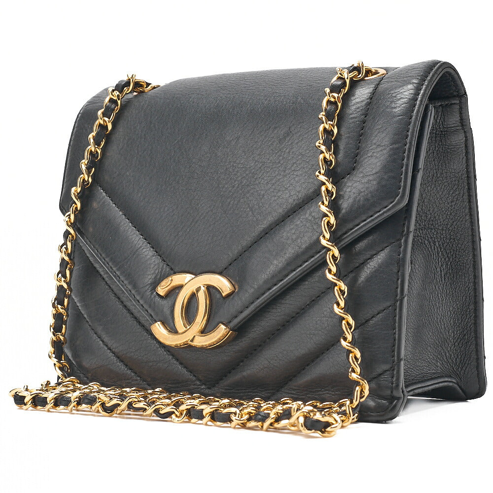 CHANEL Calfskin V-Stitch Chevron Coco Mark Chain Shoulder Black Gold-Tone Hardware, Pre-Owned