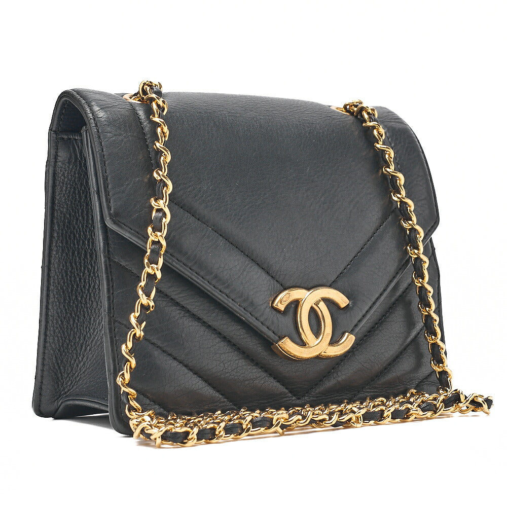 CHANEL Calfskin V-Stitch Chevron Coco Mark Chain Shoulder Black Gold-Tone Hardware, Pre-Owned
