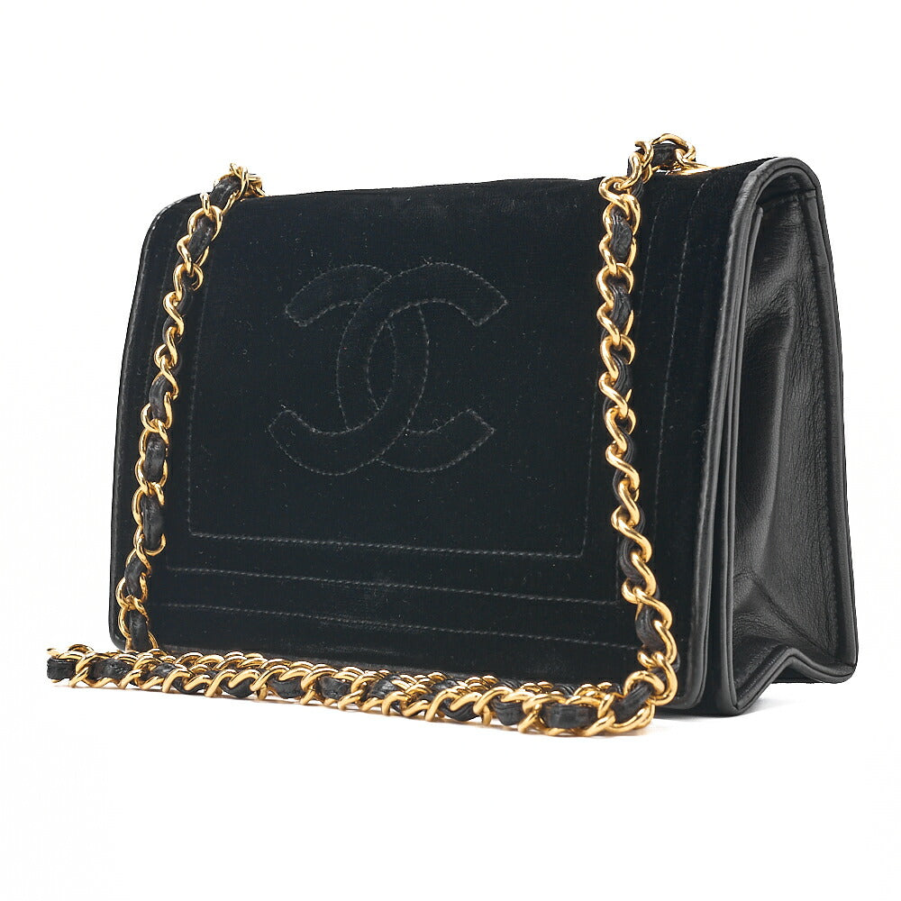 CHANEL Full Flap Push Lock Velour Black Coco Mark Chain Shoulder Gold-Tone Hardware, Pre-Owned